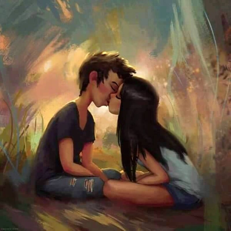 Couple Kissing — Green, Romantic, Sunset, Digital Art