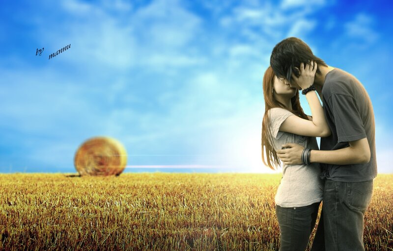 Couple Kissing in Field — Blue, Romantic