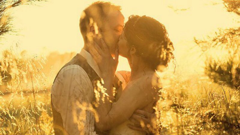 Couple Kissing in Field — Gold, Romantic, Sunset