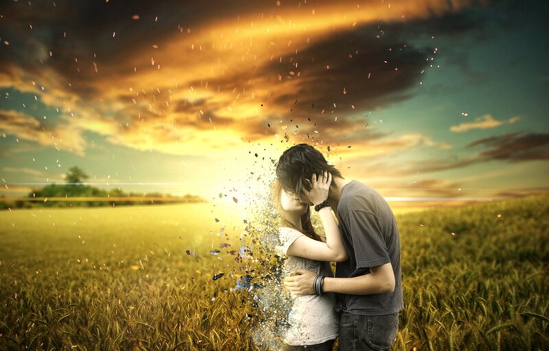 Couple Kissing in Field — Yellow, Dramatic