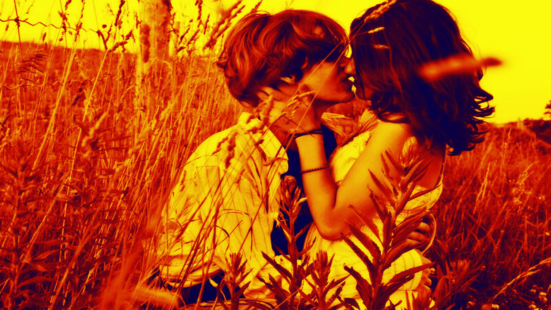 Couple Kissing in Field — Yellow, Romantic