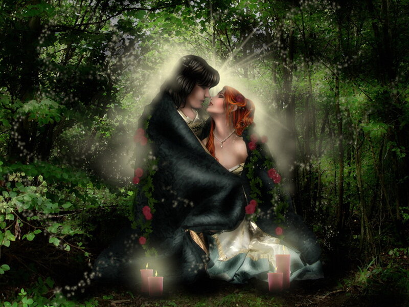 Couple Kissing in Forest — Green, Romantic, Night, Digital Art