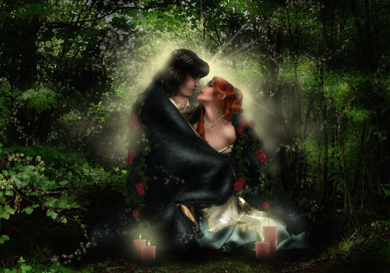 Couple Kissing in Forest — Green, Romantic, Night