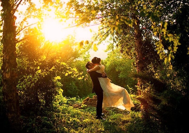 Couple Kissing in Forest — Green, Romantic, Sunset