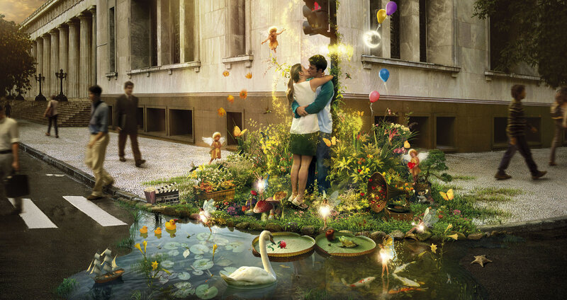 Couple Kissing in Garden — Green, Whimsical, Afternoon, Digital Art, Balloons, Fairy