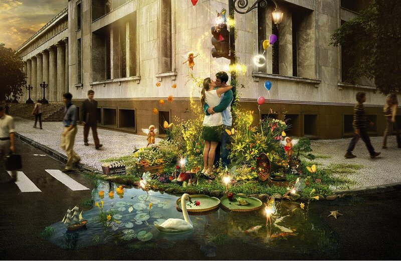 Couple Kissing in Garden — Yellow