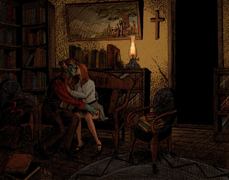Couple Kissing in Library — Brown