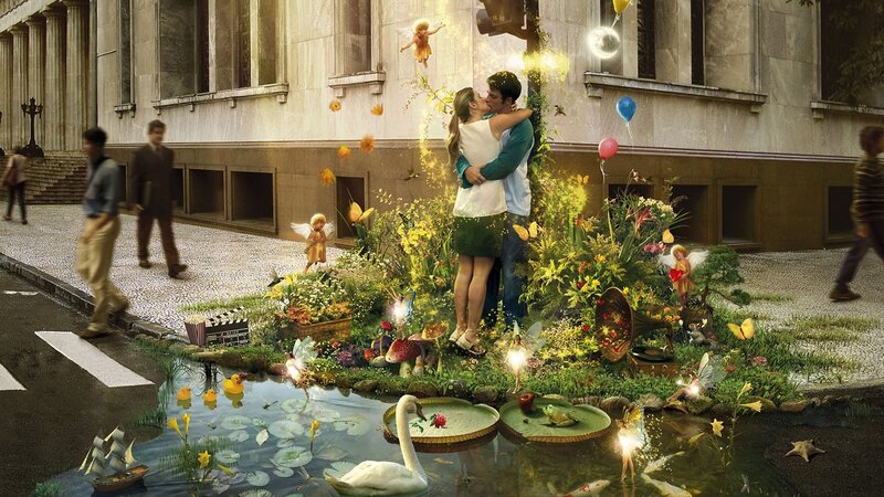 Couple kissing in magical garden