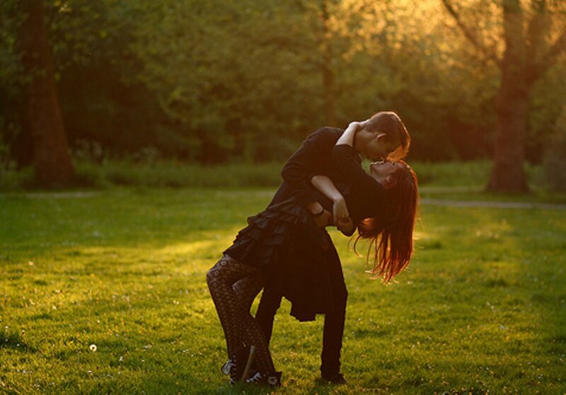 Couple Kissing in Park — Green, Romantic, Sunset