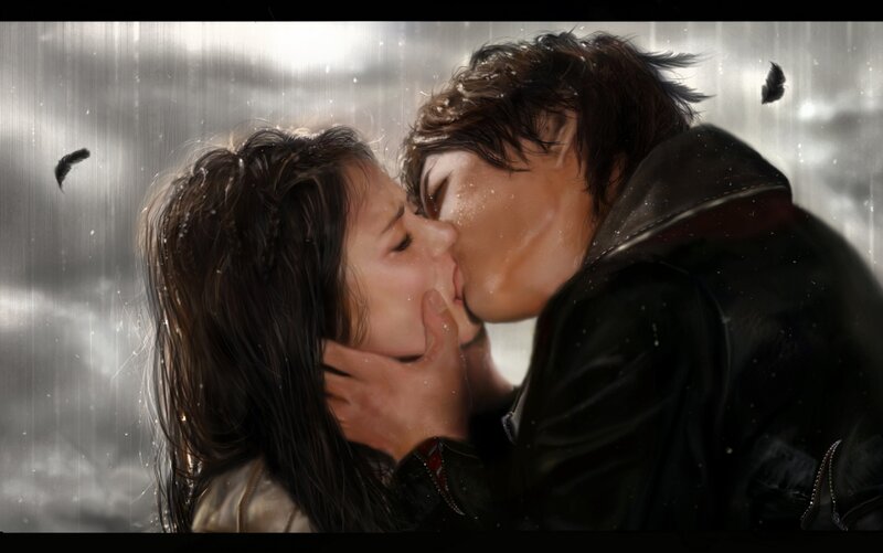 Couple Kissing in Rain — Black, Dramatic, Digital Art
