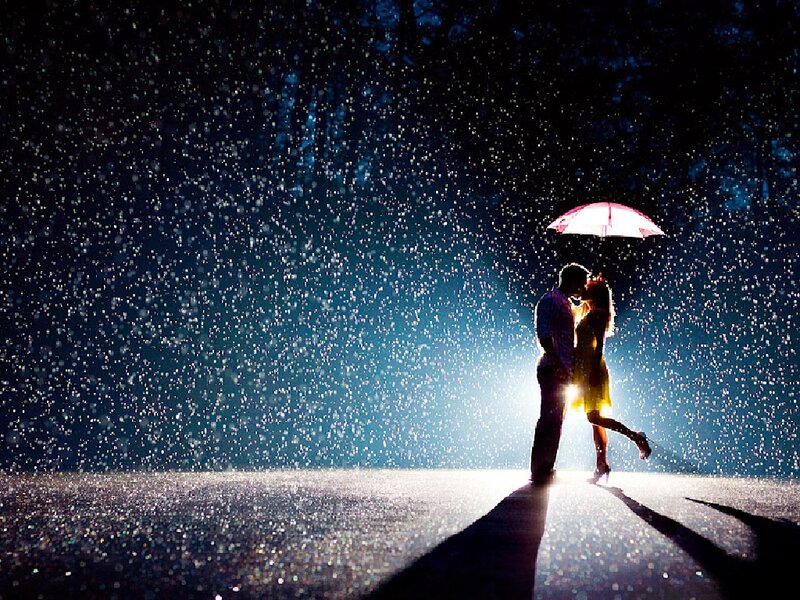 Couple Kissing in Rain — Blue, Dramatic, Night, Photograph