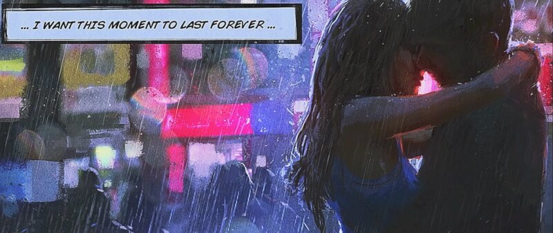 Couple Kissing in Rain — Blue, Romantic, Night, Manga