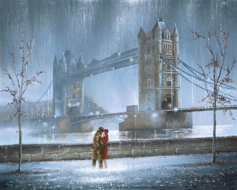 Couple Kissing in Rain — Blue, Romantic, Night