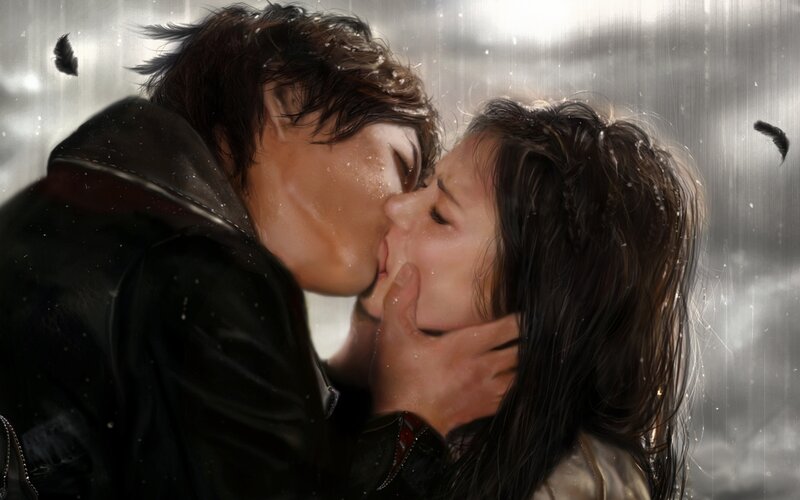 Couple Kissing in Rain — Gray, Dramatic, Digital Art
