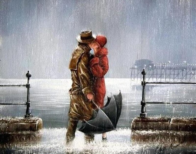Couple Kissing in Rain — Gray, Dramatic, Night, Painting