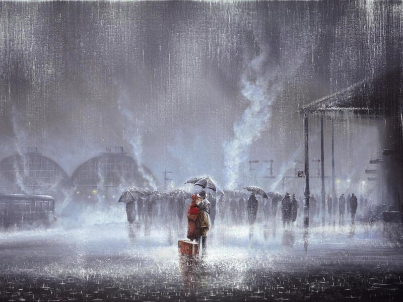 Couple Kissing in Rain — Gray, Dramatic, Night