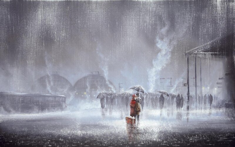 Couple Kissing in Rain — Gray, Dramatic