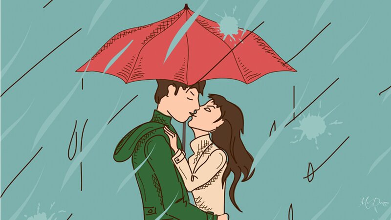 Couple Kissing in Rain — Red, Romantic, Illustration