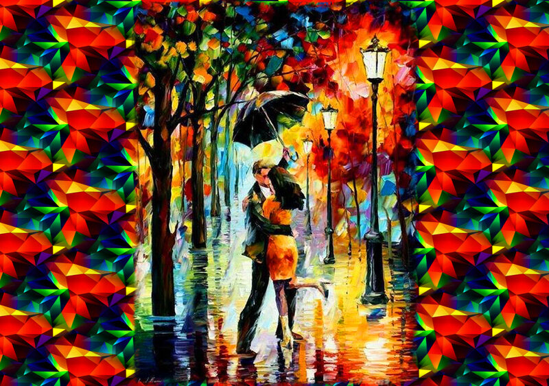 Couple Kissing in Rain — Red, Romantic, Night