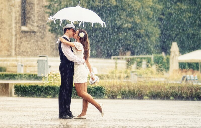 Couple Kissing in Rain — White, Romantic