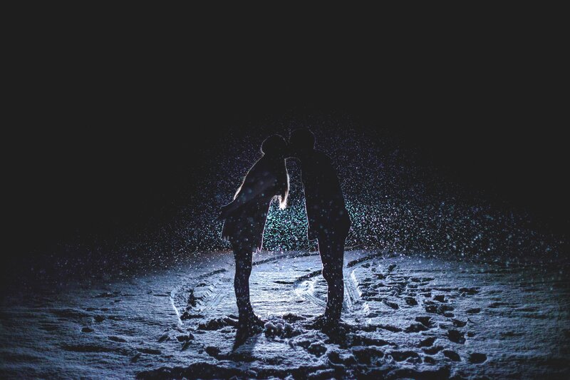 Couple Kissing in Snow — Black, Romantic, Night, Photograph
