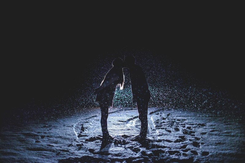 Couple Kissing in Snow — Black, Romantic, Night