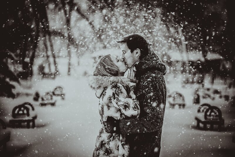 Couple Kissing in Snow — Black, Romantic