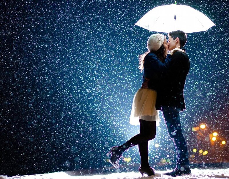 Couple Kissing in Snow — Blue, Romantic, Night, Photograph
