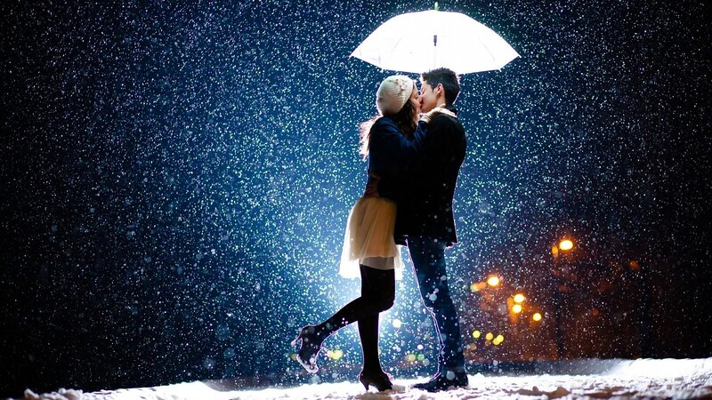 Couple Kissing in Snow — Blue, Romantic, Night