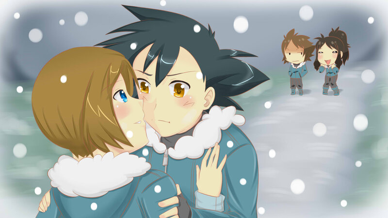 Couple Kissing in Snow — Blue, Romantic, Winter, Anime