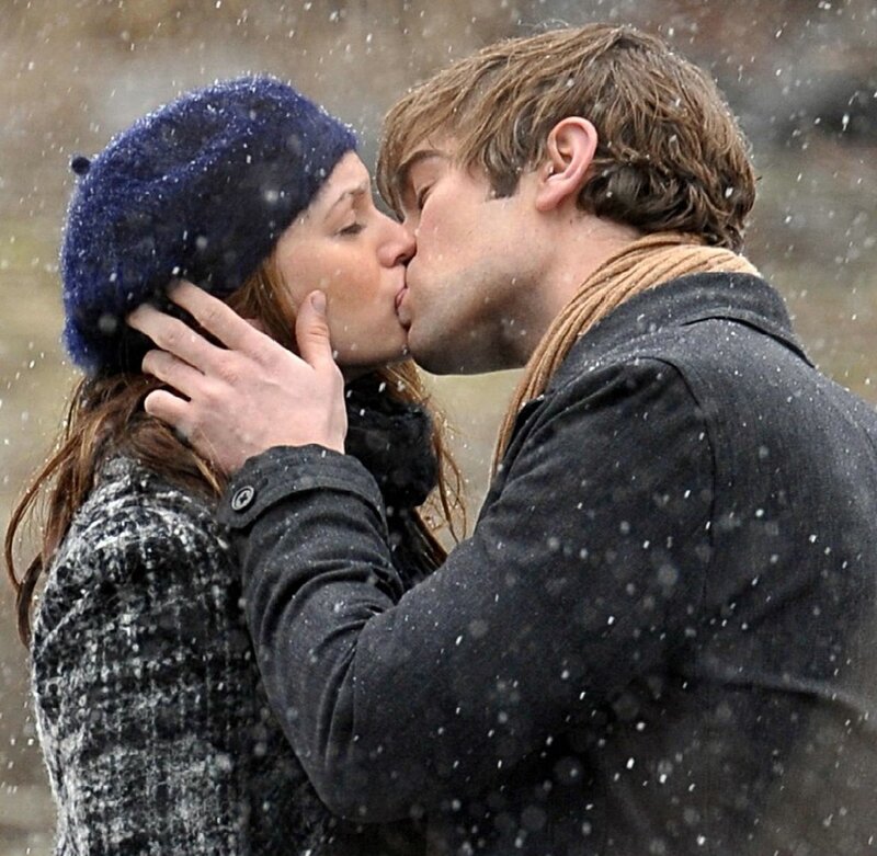 Couple Kissing in Snow — Blue, Romantic, Winter, Photograph, Beret