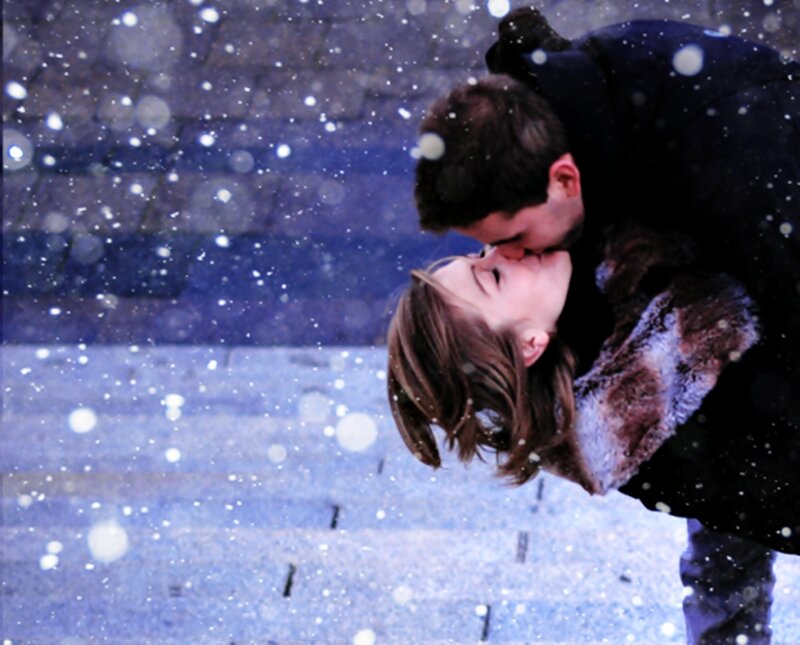 Couple Kissing in Snow — Blue, Romantic, Winter, Photograph, Kiss