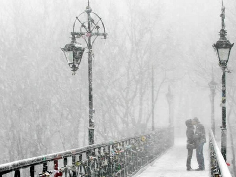 Couple Kissing in Snow — White, Cold, Winter