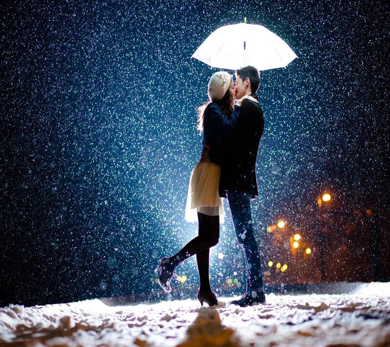 Couple Kissing in Snow — White, Romantic, Night, Photograph