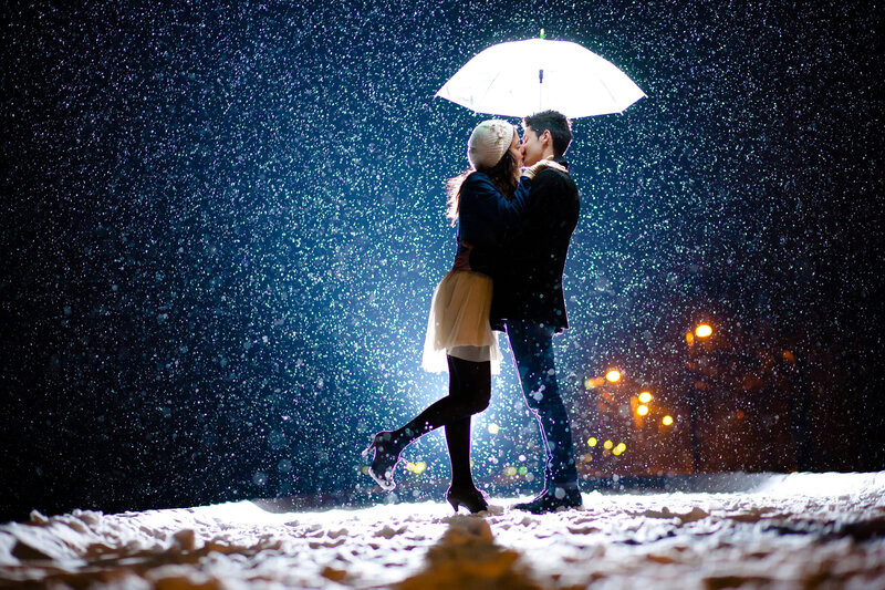 Couple Kissing in Snow — White, Romantic, Night