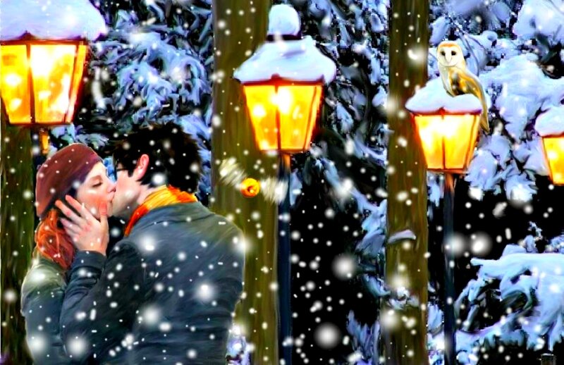 Couple Kissing in Snow — White, Romantic, Winter, Digital Art