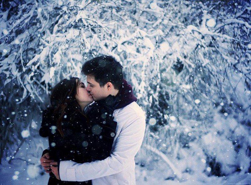 Couple Kissing in Snow — White, Romantic, Winter, Photograph