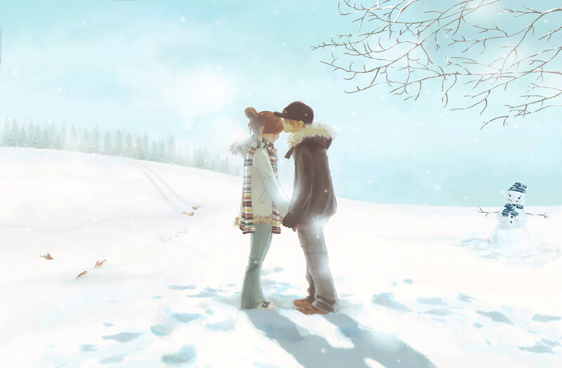 Couple Kissing in Snow — White, Serene, Winter, Anime