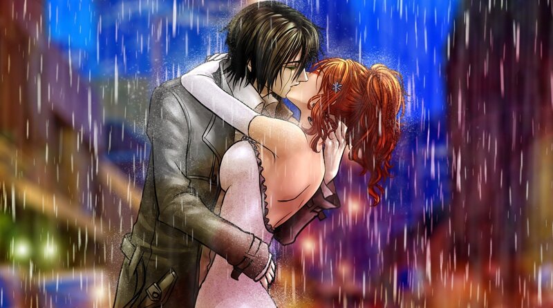 couple kissing in the rain