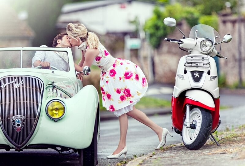 Couple Kissing in Vintage Car