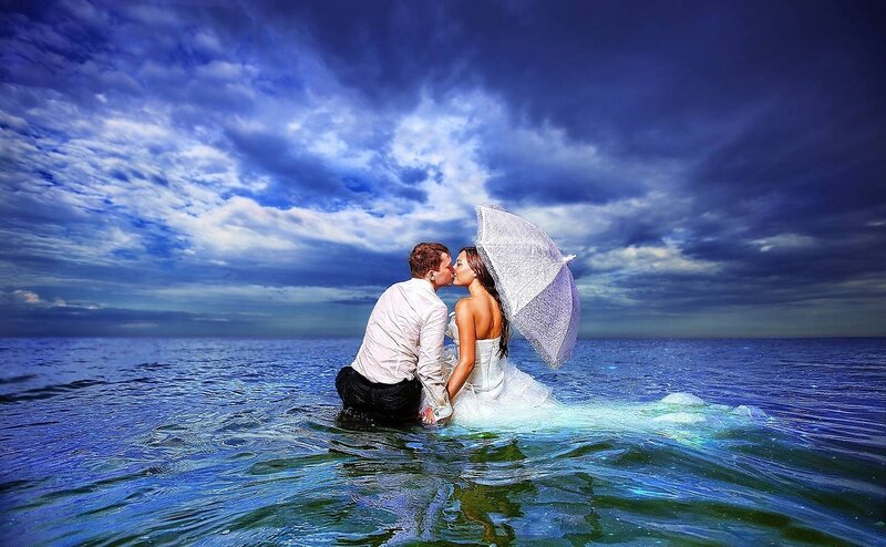 Couple Kissing in Water — Blue, Dramatic, Sunset