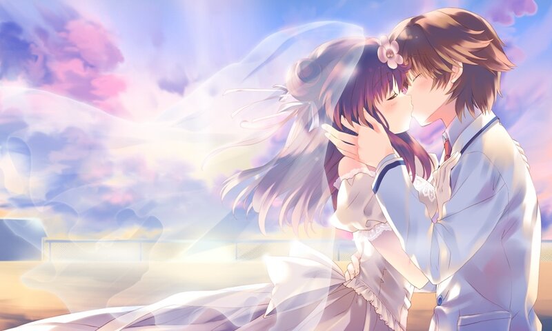Couple Kissing in Wedding Attire — Purple, Romantic, Sunset