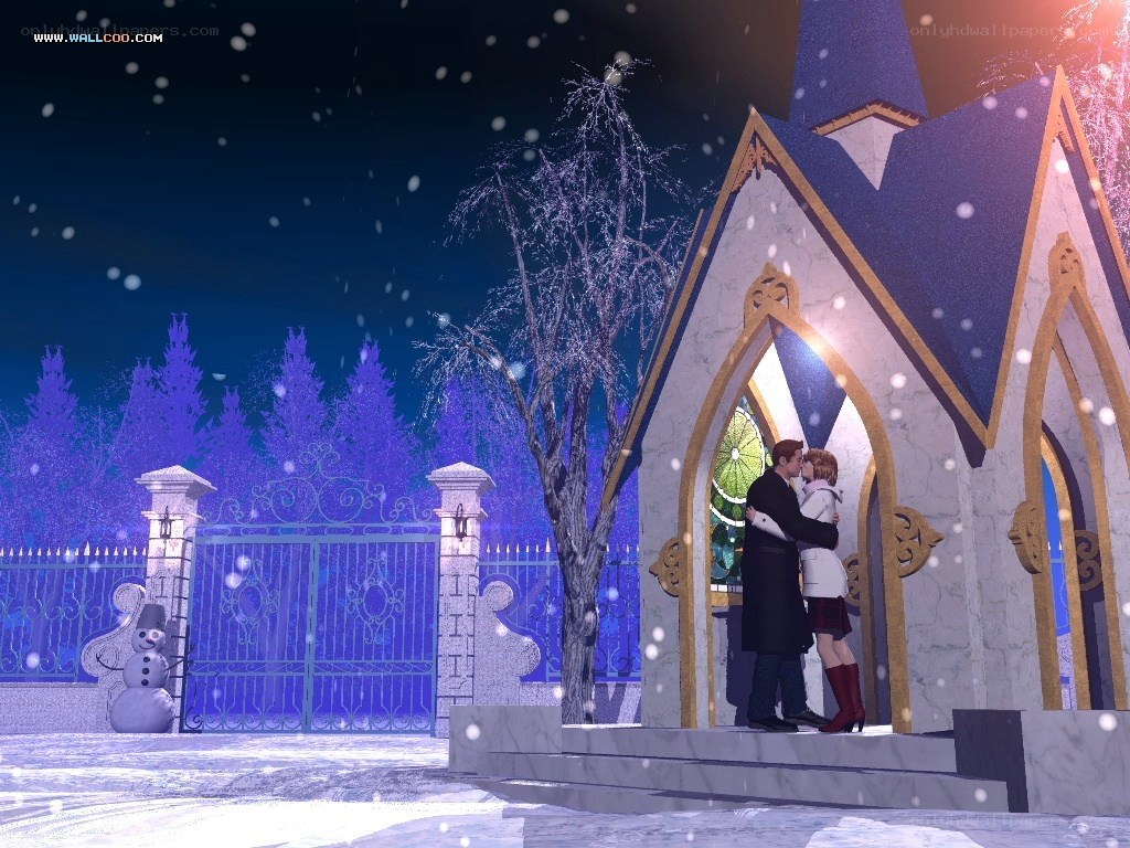 Couple kissing in winter chapel