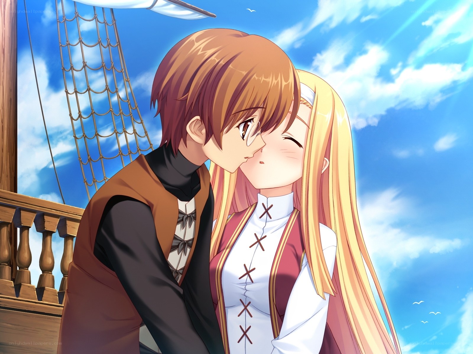 couple kissing on a ship