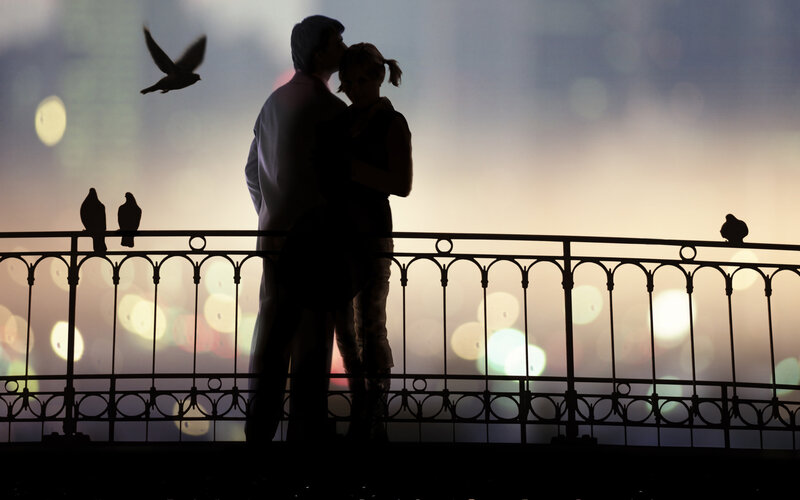 Couple Kissing on Balcony — Black, Romantic, Sunset