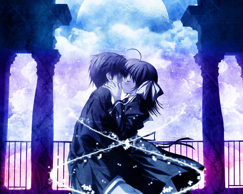 Couple Kissing on Balcony — Blue, Romantic