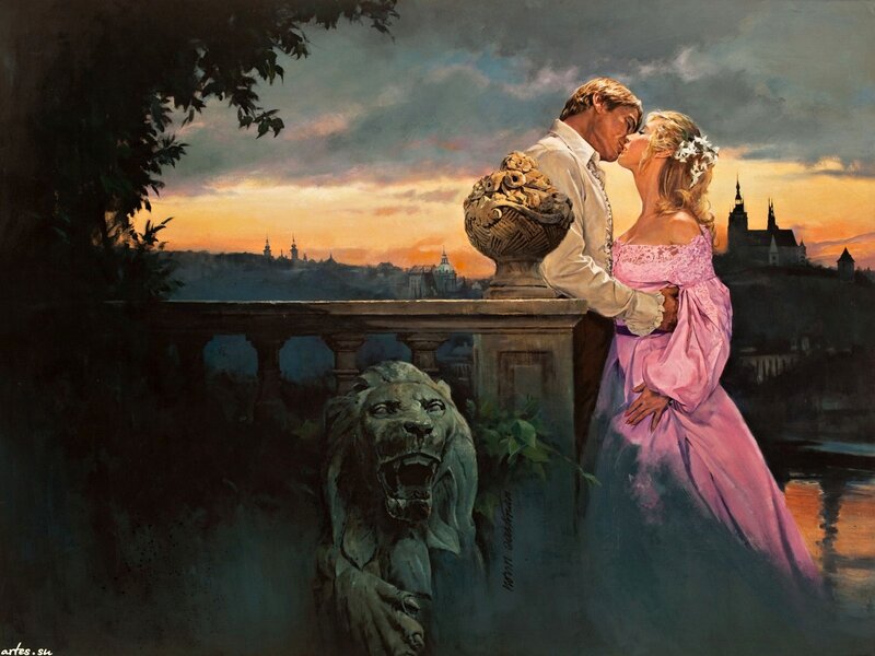 Couple Kissing on Balcony — Pink, Romantic