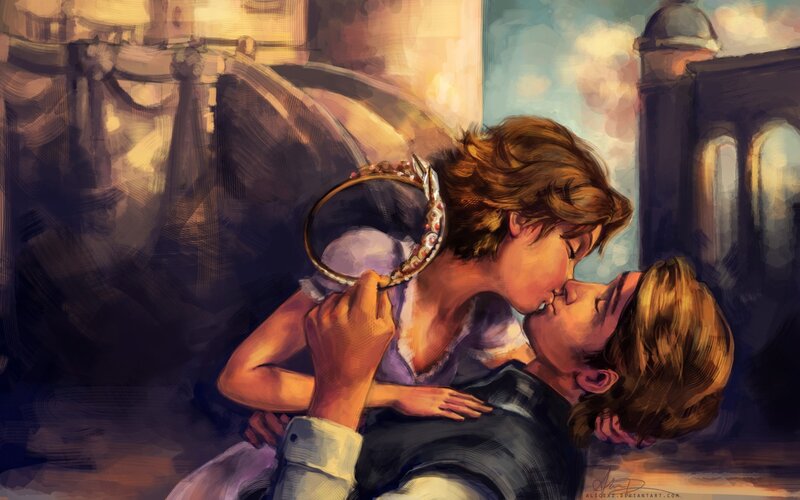 Couple Kissing on Balcony — Purple, Romantic, Sunset, Digital Art