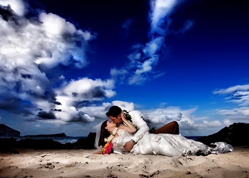 Couple Kissing on Beach — Blue, Dramatic, Afternoon