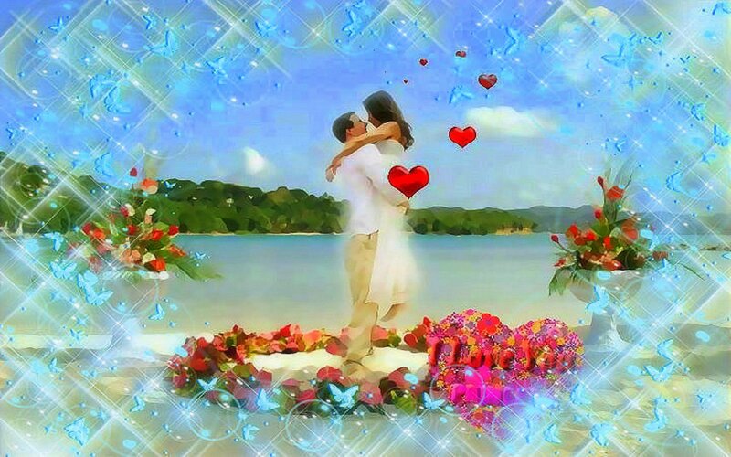 Couple Kissing on Beach — Blue, Romantic, Afternoon, Digital Art, Hearts